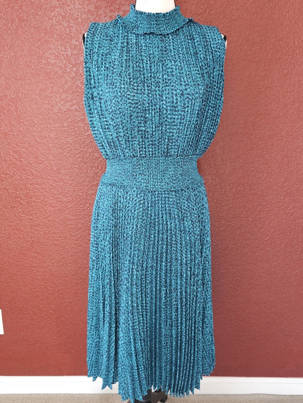 Nanette Lepore Teal Pleated Mock-Neck Midi Dress